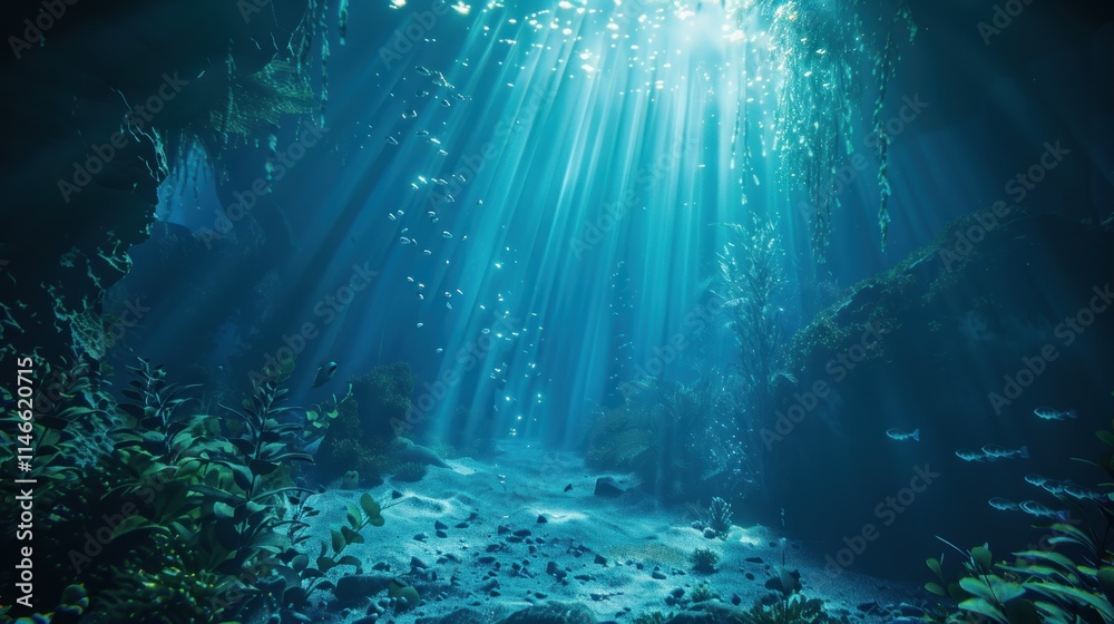 Obraz premium Sunbeams Illuminate Underwater Cave: Mystical Aquatic Scene
