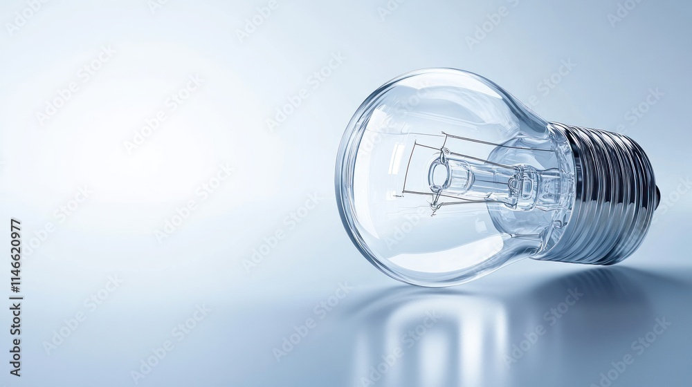 A close-up of a clear light bulb resting on a reflective surface. A close-up of a clear light bulb resting on a reflective surface.