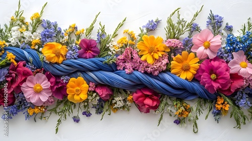 A traditional Swedish Midsummer maypole decorated with flowers and ribbons, on a white background.