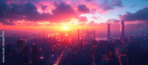 Aerial view of a city skyline at sunset with vibrant colors. © adiba