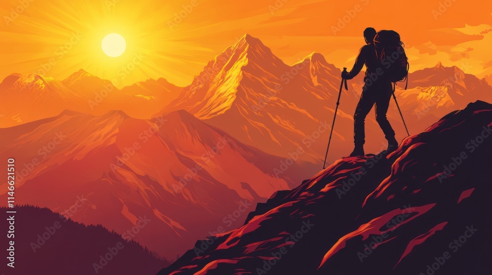 A silhouette of a hiker against a vibrant sunset over majestic mountains. A silhouette of a hiker against a vibrant sunset over majestic mountains.