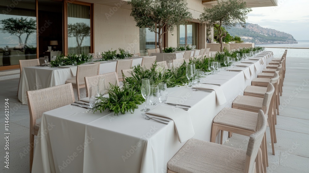 Elegant outdoor wedding reception table setting with ocean view. Elegant outdoor wedding reception table setting with ocean view.