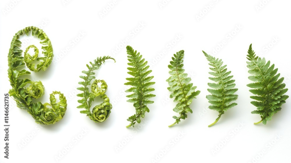 A series of green fern leaves arranged artistically on a white background. A series of green fern leaves arranged artistically on a white background.