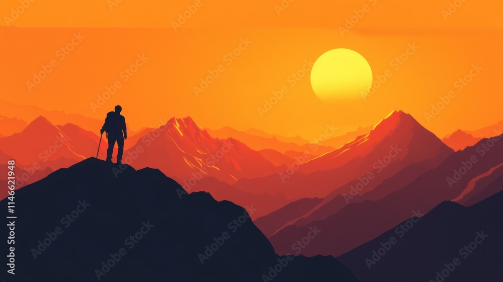 A silhouetted hiker stands on a mountain peak against a vibrant sunset backdrop. A silhouetted hiker stands on a mountain peak against a vibrant sunset backdrop.
