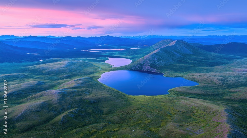 custom made wallpaper toronto digitalAerial view of two serene lakes nestled in a mountainous landscape at sunset.