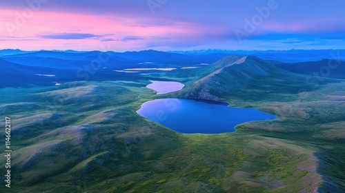 Wallpaper Mural Aerial view of two serene lakes nestled in a mountainous landscape at sunset. Torontodigital.ca