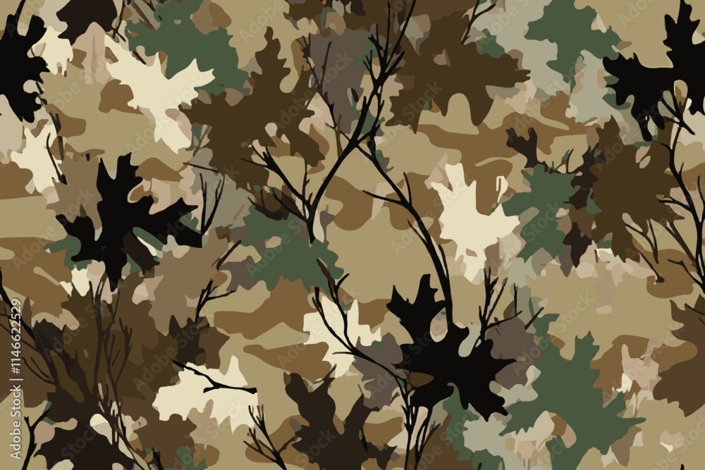Realistic camouflage seamless pattern. Hunting camo for cloth, weapons or vehicles. Vector camouflage for hunting