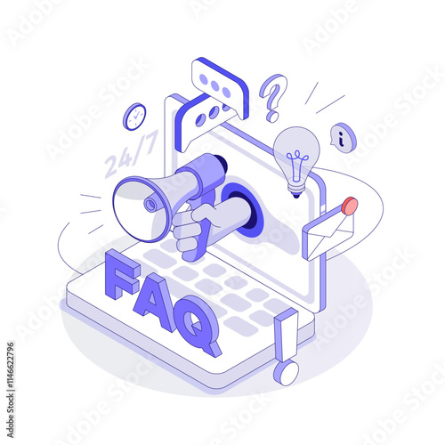 Technical Support. Speaker in arm. A large inscription FAQ. The Hand comes out of the Screen and Holds a Megaphone. Isometric Vector illustration