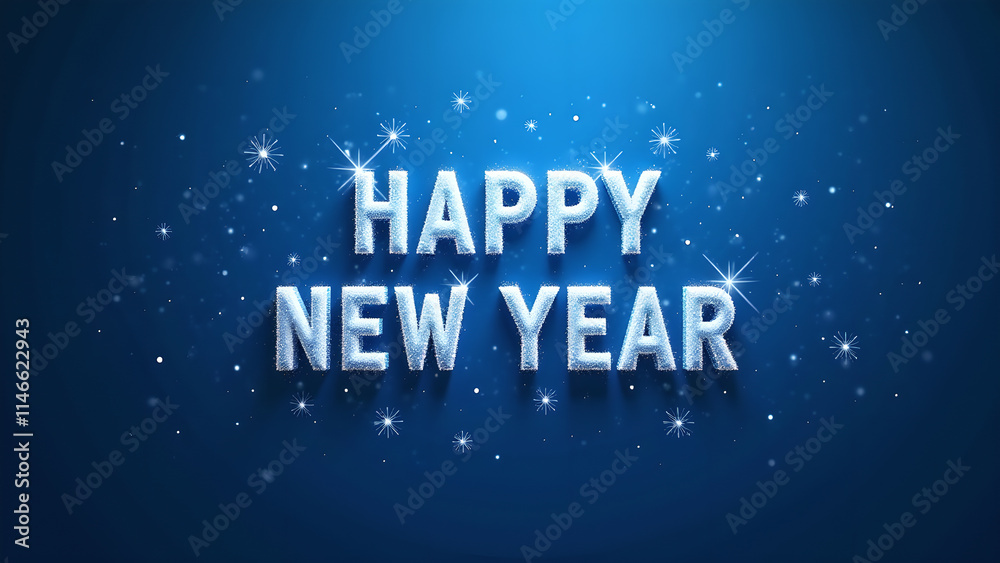 Happy New Year text on blue background with sparkling stars. Concept of celebration and new beginnings. Happy New Year text on blue background with sparkling stars. Concept of celebration and new beginnings.