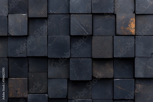 Anthracite Stone Mosaic Texture - Dark Square Cubes on Cement Background - Panoramic Banner photo