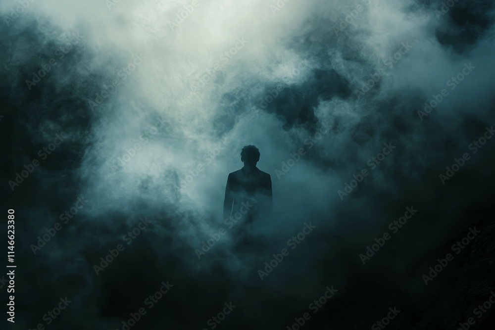 Solitary figure shrouded in dark, swirling mist. Solitary figure shrouded in dark, swirling mist.