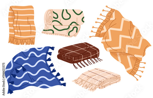 Set of various wool blankets and plaids. Includes rolled, folded, and spread-out plaids with tassels for home interior and picnic. Vector illustration in cartoon style. Isolated white background
