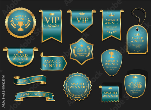 VIP and premium emblem blue and gold isolated on black background stock illustration 