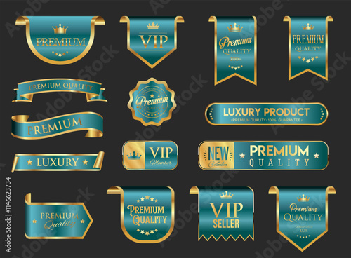 VIP and premium emblem blue and gold isolated on black background stock illustration 