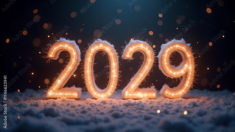 Golden 2029 new year celebration with snow. Concept of holiday, celebration, and happiness.