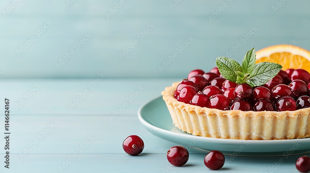 Delicious Cranberry Tart with Mint Garnish on Teal Background Delicious Cranberry Tart with Mint Garnish on Teal Background