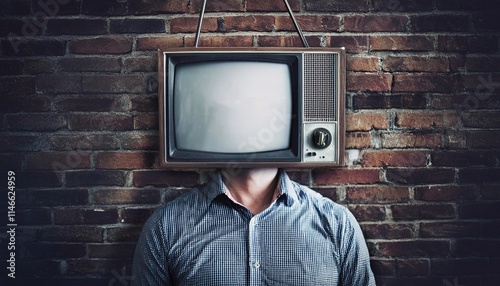 surrealistic portrait of a Man with head Tv box Highlighting unconscious thoughts