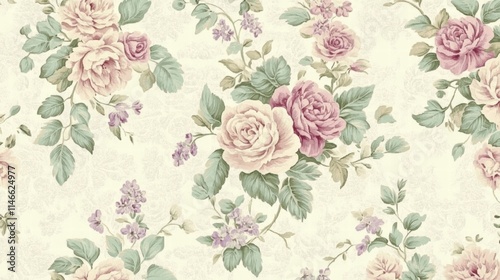 Fototapeta Naklejka Na Ścianę i Meble -  vintage floral wallpaper design with roses and greenery