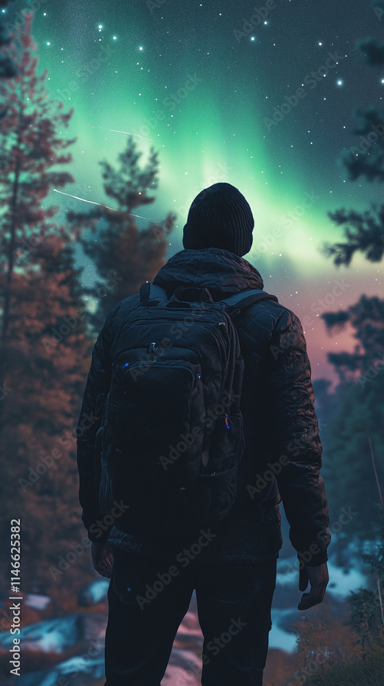 wanderer marveling at the Northern Lights realizing their place in the universe wanderer marveling at the Northern Lights realizing their place in the universe