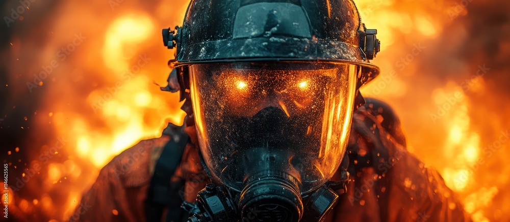 Firefighter in action, intense fire scene. Firefighter in action, intense fire scene.