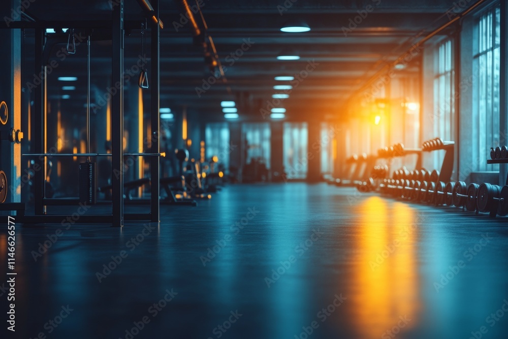 A dimly lit gym with exercise equipment, emphasizing fitness and training.