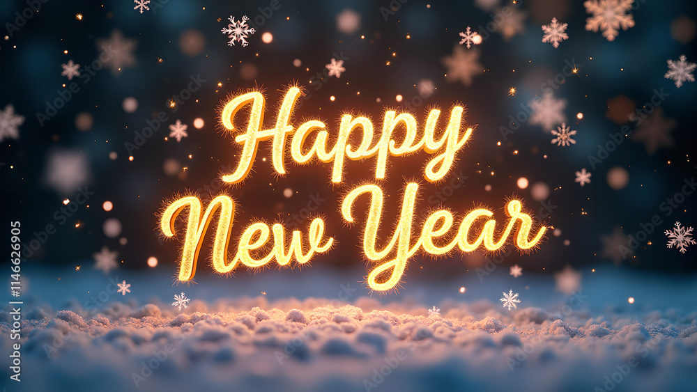Happy New Year golden text with snowflakes. Concept of celebration and new beginnings. Happy New Year golden text with snowflakes. Concept of celebration and new beginnings.