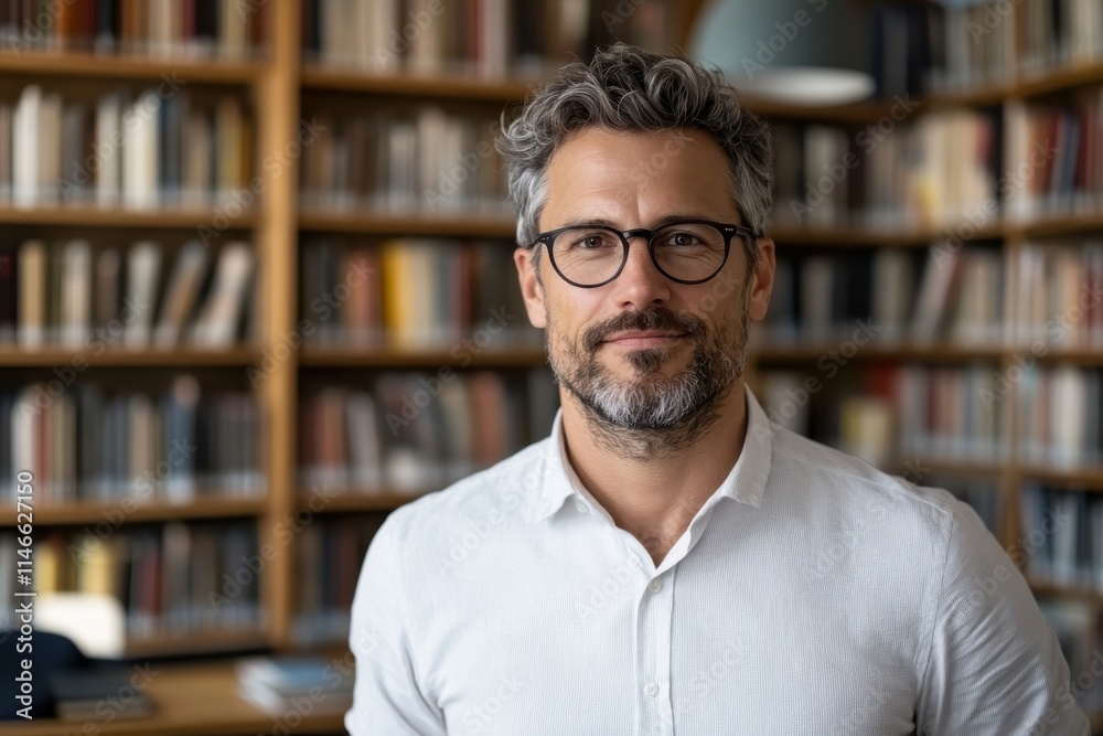 A stylish man with glasses stands confidently in a library filled with books, embodying wisdom and professionalism in a well-organized environment. A stylish man with glasses stands confidently in a library filled with books, embodying wisdom and professionalism in a well-organized environment.