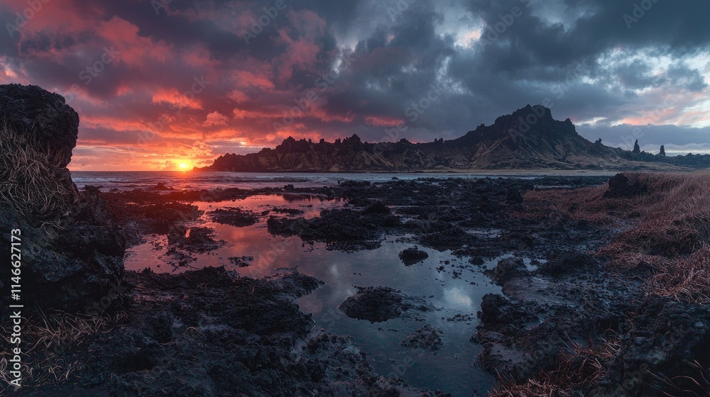 Fototapeta premium Vibrant sunrise over dramatic volcanic coastline, reflecting in tide pools.