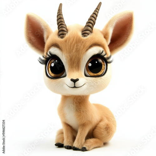 Stuffed gazelle with horns and a cute face. It is sitting on a white background. The animal is brown and has a cute expression