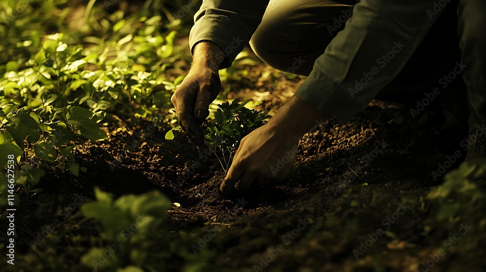 Naklejka premium A person kneeling and carefully planting a tree in a garden bed, with the tree's root ball being positioned in the hole, surrounded by green foliage 