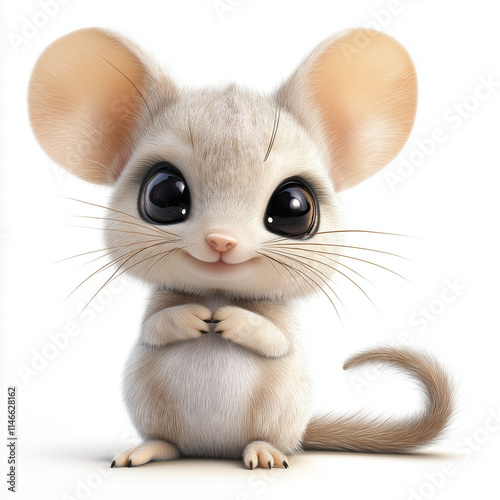 Sweet 3D baby African jerboa clipart with soft tan fur, big shiny black eyes, long delicate ears, and a small playful smile. The jerboa is sitting with its long tail curled, isolated on a white