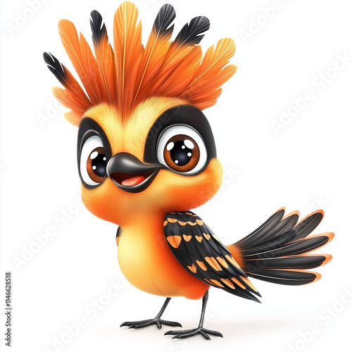 Adorable 3D cartoon African hoopoe bird clipart with soft orange and black feathers, a cute crown-like crest, big shiny eyes, and a cheerful smile, isolated on a clean white background