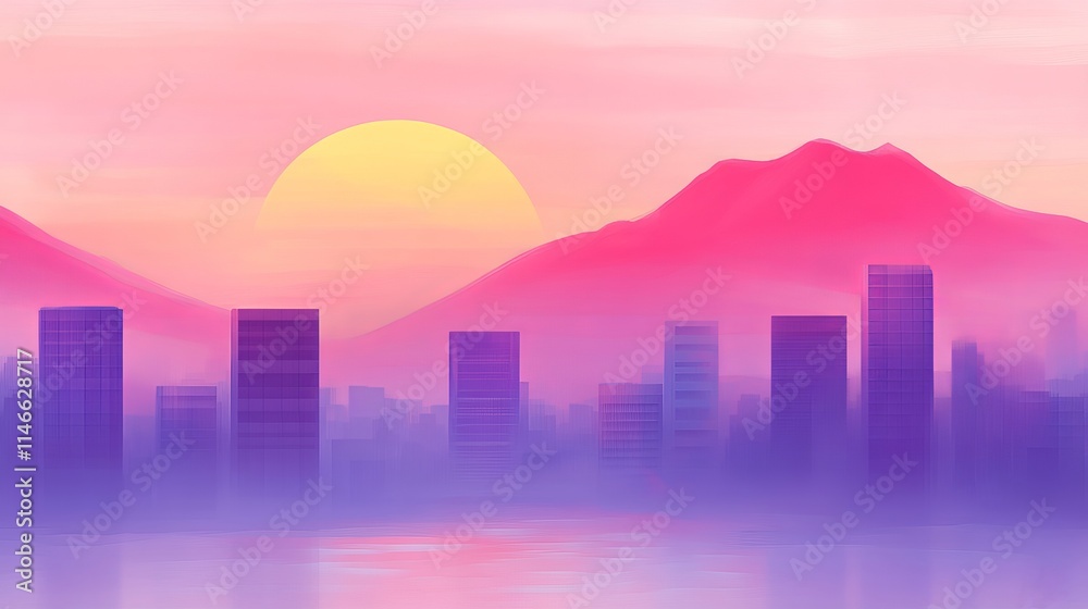 Pink City Skyline Sunset Over Misty Mountains Pink City Skyline Sunset Over Misty Mountains