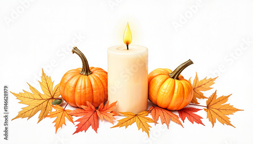 Two pumpkins with candle and autumn leaves on white background