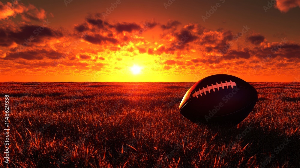 A sunset scene featuring a football resting in a grassy field, symbolizing sports and leisure. A sunset scene featuring a football resting in a grassy field, symbolizing sports and leisure.
