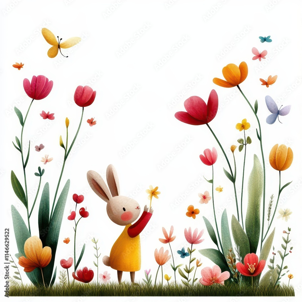 Obraz premium Playful rabbit among blooming tulips in a whimsical garden watercolor illustration