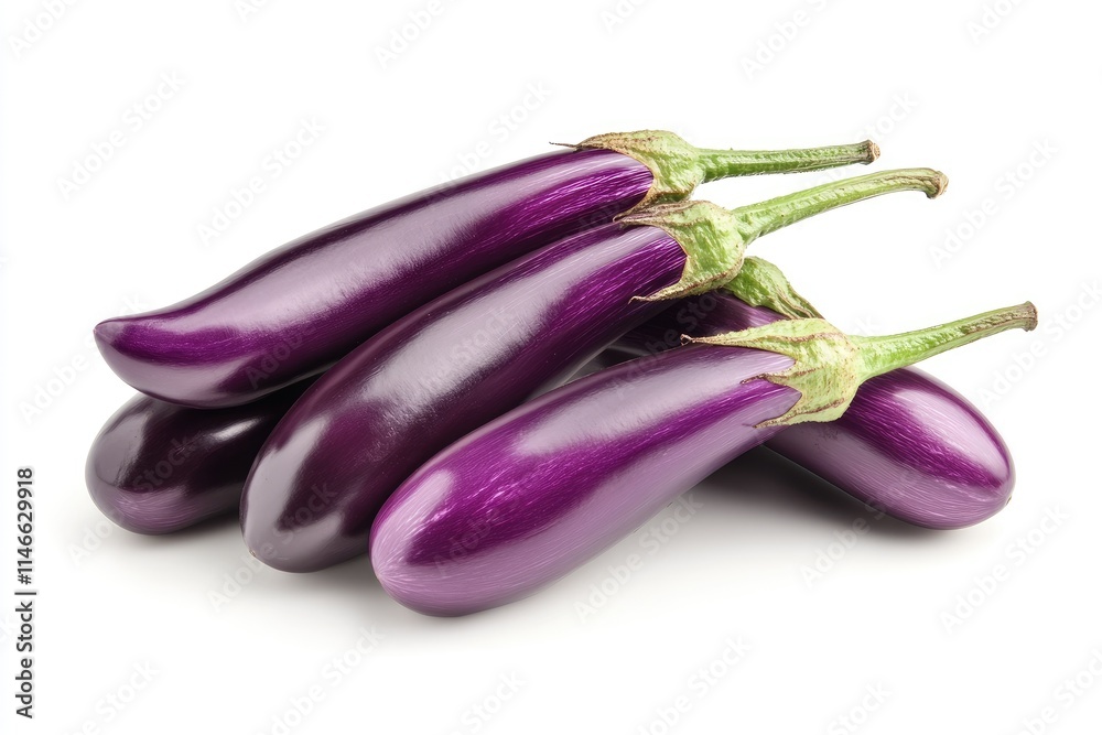 A cluster of fresh purple eggplants with their stems, cleanly isolated on white A cluster of fresh purple eggplants with their stems, cleanly isolated on white