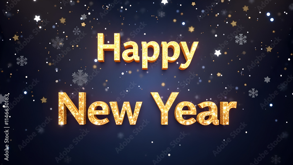 Happy New Year golden glitter text with snowflakes and bokeh. Concept of celebration and new beginnings. Happy New Year golden glitter text with snowflakes and bokeh. Concept of celebration and new beginnings.