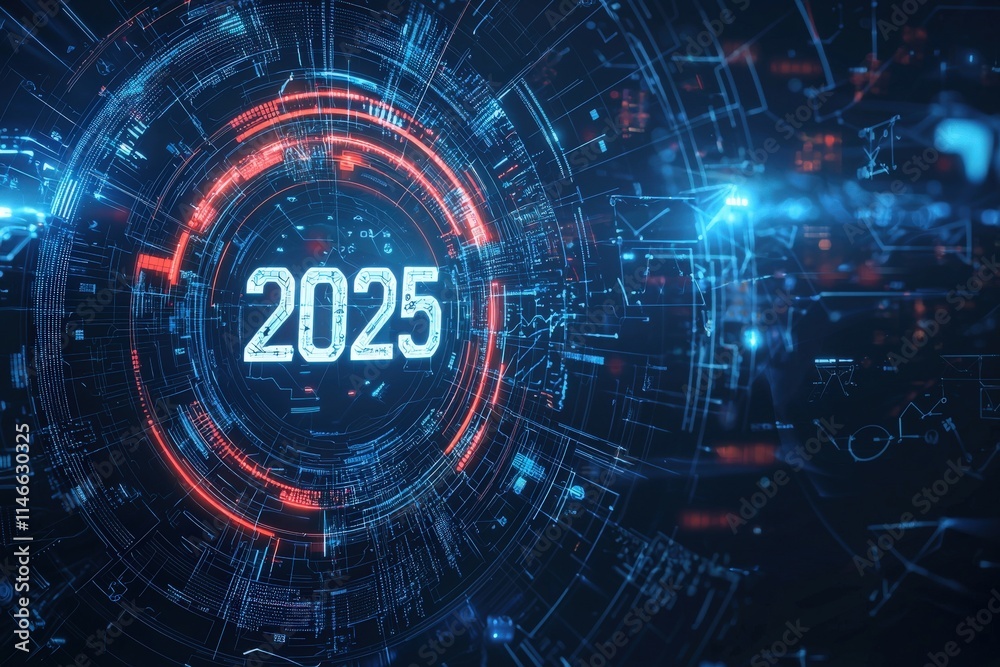 A vibrant, digital display highlights the year 2025, featuring a circular design with glowing blue and red elements. The backdrop is filled with intricate patterns, suggesting advanced technology. A vibrant, digital display highlights the year 2025, featuring a circular design with glowing blue and red elements. The backdrop is filled with intricate patterns, suggesting advanced technology.