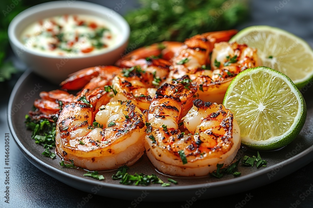 Grilled shrimps or prawns served with lime, garlic and white sauce on a dark concrete background. Seafood. Top view with copy space. Flat lay Grilled shrimps or prawns served with lime, garlic and white sauce on a dark concrete background. Seafood. Top view with copy space. Flat lay