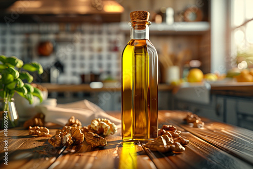 Golden olive oil bottle surrounded by walnuts in a cozy kitchen setting during daytime. Generative AI photo