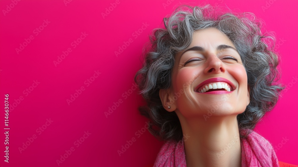 A middle-aged woman with short curly hair smiles against a magenta-colored background A middle-aged woman with short curly hair smiles against a magenta-colored background