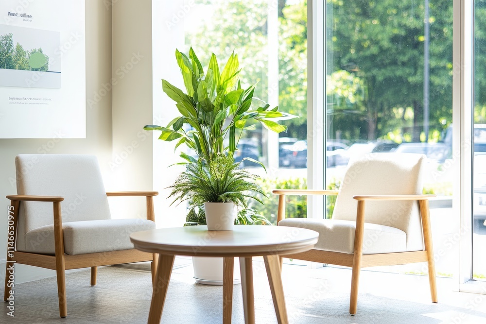 Fototapeta premium A bright, modern waiting area with chairs and a potted plant.