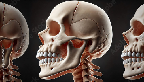 Side view of a human jawbone with a focus on the TMJ joint, highlighting the articulation points and curvature for anatomical studies. photo