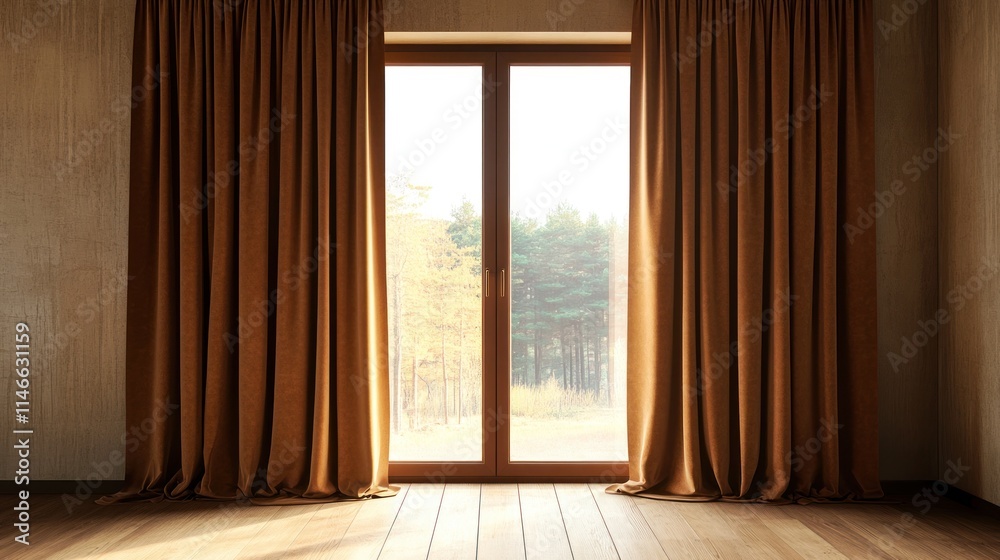 A serene interior with curtains framing a bright window overlooking a natural landscape. A serene interior with curtains framing a bright window overlooking a natural landscape.