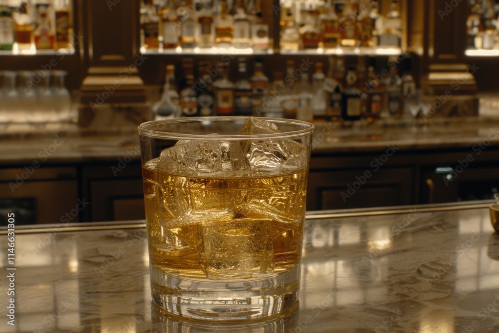 A glass of liquor with ice in it sits on a bar counter A glass of liquor with ice in it sits on a bar counter
