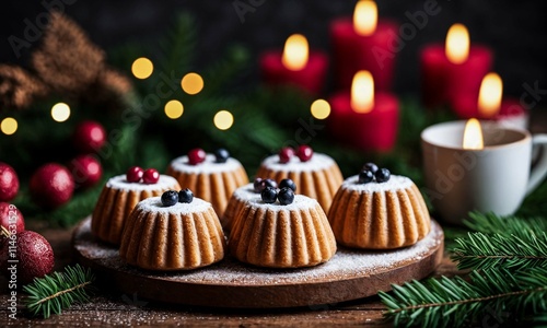 A plate of festive holiday muffins with berries, surrounded by lit candles and fir branches