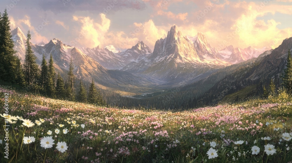 Fototapeta premium serene mountain meadow landscape at sunset