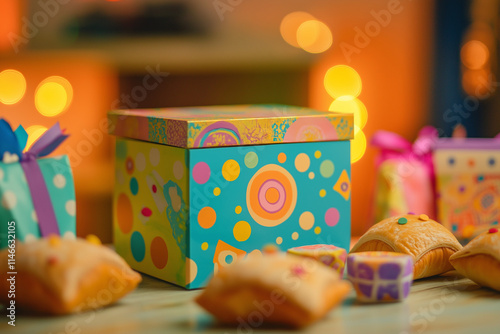 Colorful charity box surrounded by festive Purim treats photo