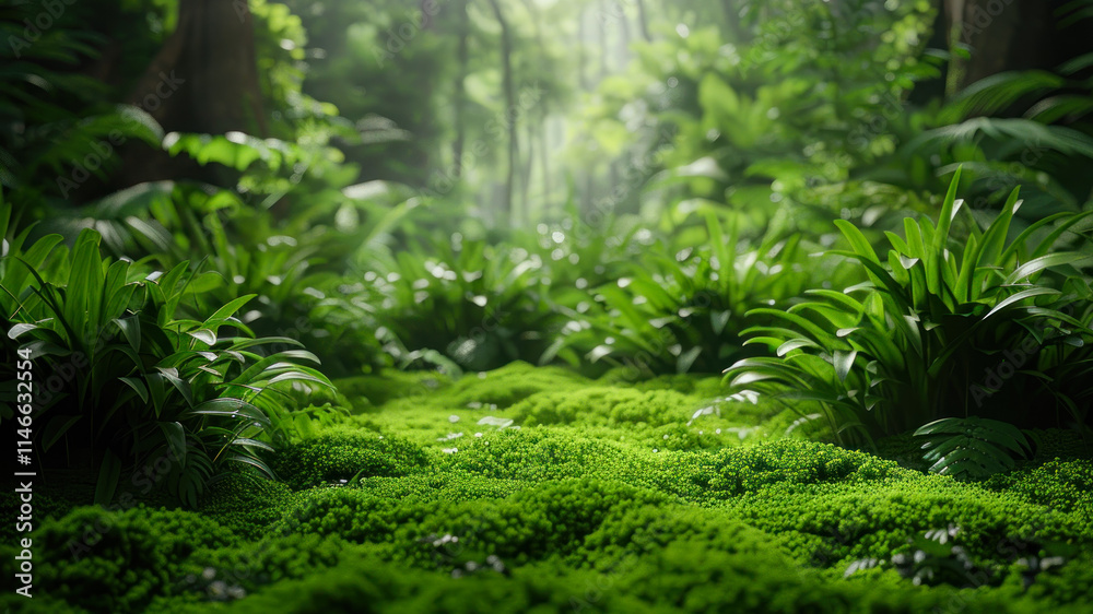 Lush green forest floor covered in vibrant moss and plants in a misty tropical environment during daylight. Generative AI Lush green forest floor covered in vibrant moss and plants in a misty tropical environment during daylight. Generative AI